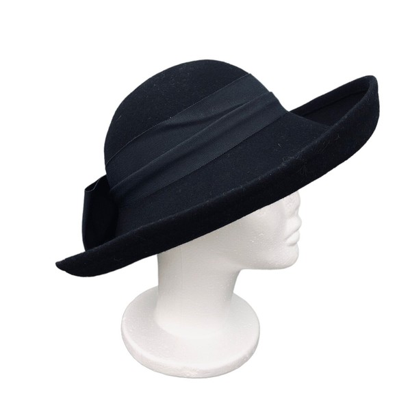 VTG Betmar 80\'s Wide Brim Black Bowler Style Wool Hat W/Ribbon Band And Bow main image 4